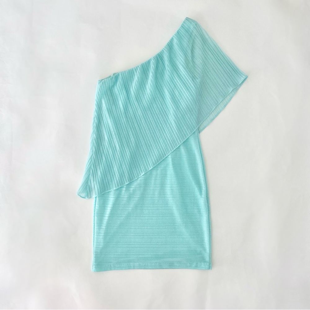 NWT Windsor Sparkly Glitter One Shoulder Sheer Flounce Bodycon Mini Dress Mint 2 - Picture 2 of 14